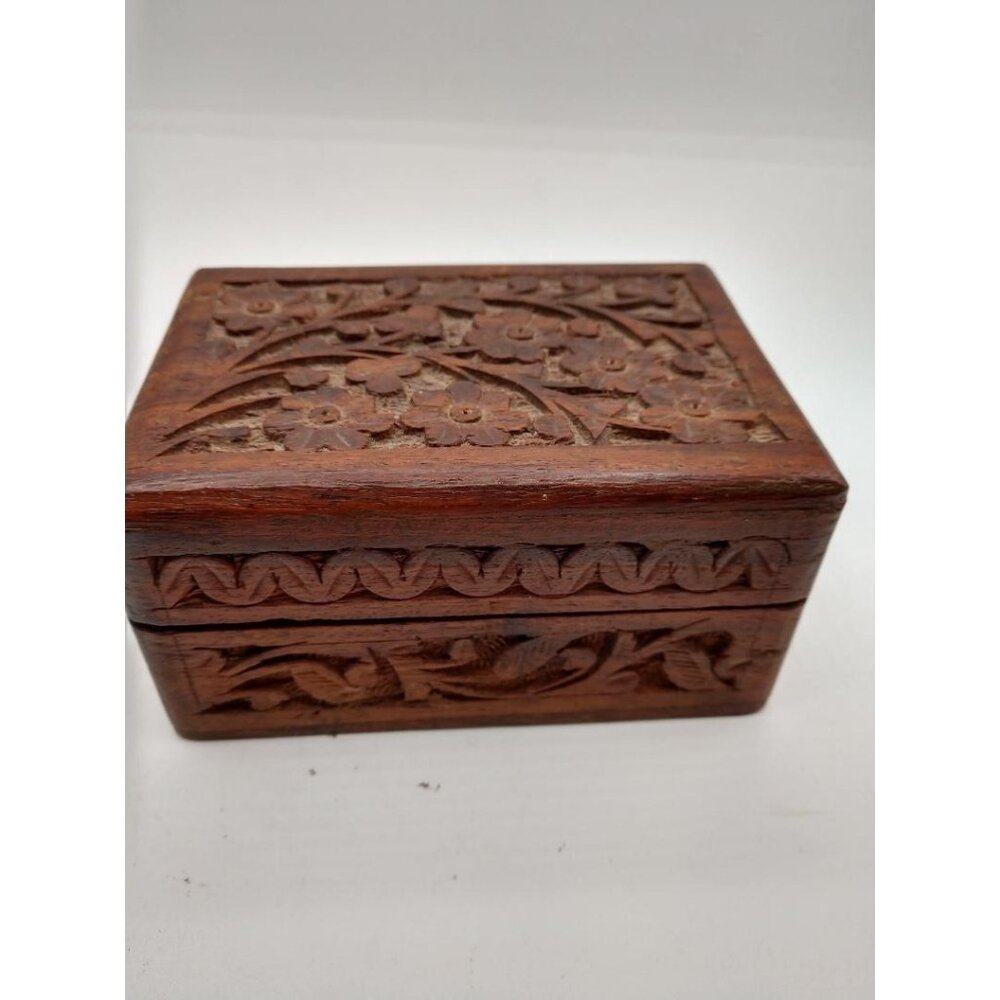 Hand-Carved Floral Wooden Keepsake Box With Hinged Lid